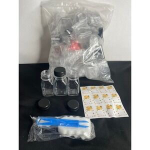 36 Pack Clear Plastic Juice Bottles 4oz Square with Black Caps Labels Brush